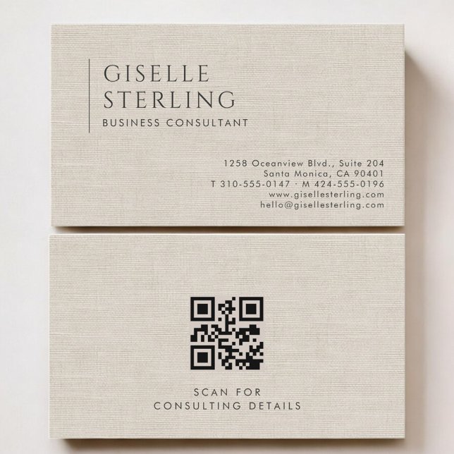 Carte de visite QR Code Luxe Lin Neutral pour Cons (Créateur téléchargé)