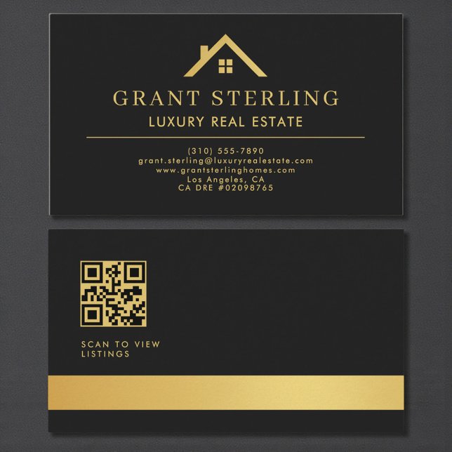 Carte De Visite QR Code Luxury Real Estate Agent Black Gold (Créateur téléchargé)