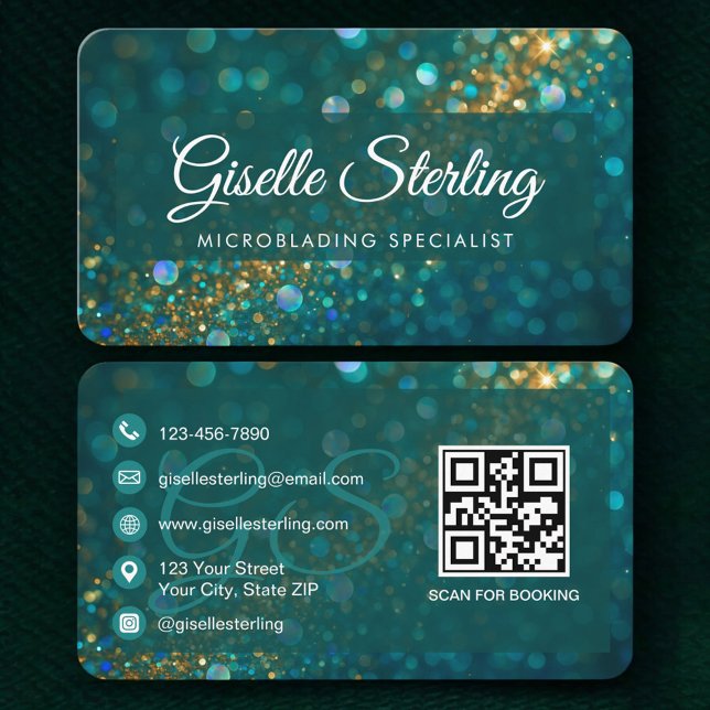 Carte De Visite QR Code Microblading Teal Gold Glitter  (Créateur téléchargé)