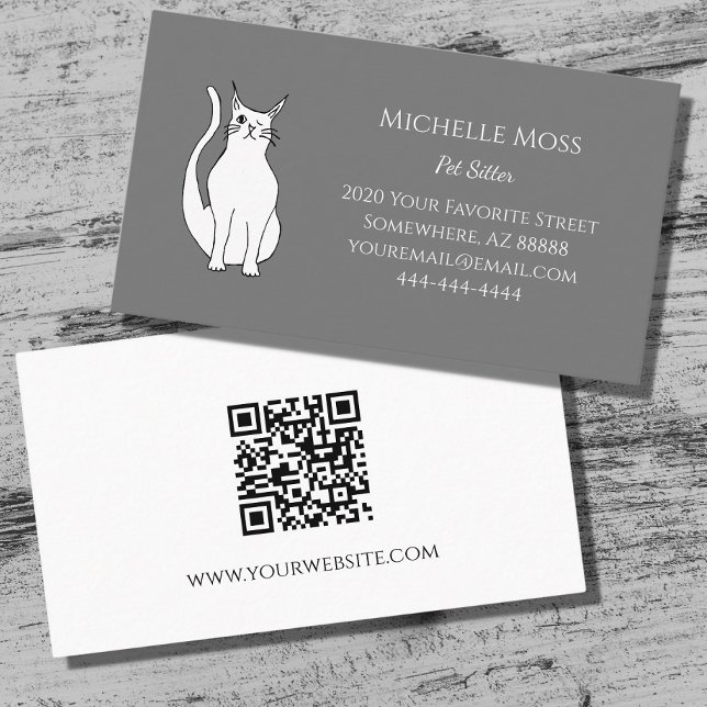 Carte De Visite QR code mignon Wing Chat Pet Sitter Gris (Créateur téléchargé)