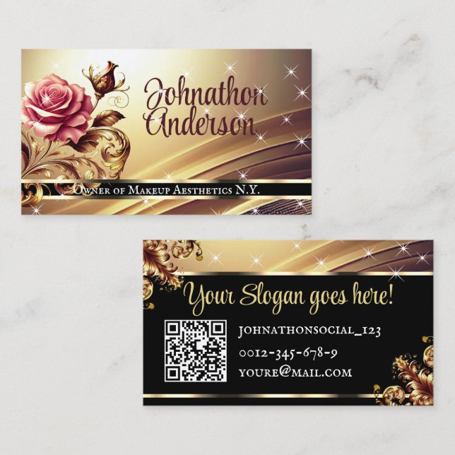 Carte De Visite QR Code Modèle Deluxe Gold Rose Luxe Chic Glam (Devant / Derrière)