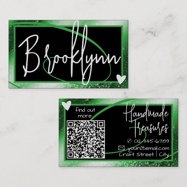Carte De Visite QR Code Modèle Design Forêt Vert Cadre Coeur (Devant / Derrière)