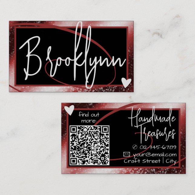Carte De Visite QR Code Modèle élégant Red Burgundy Frame Heart (Devant / Derrière)
