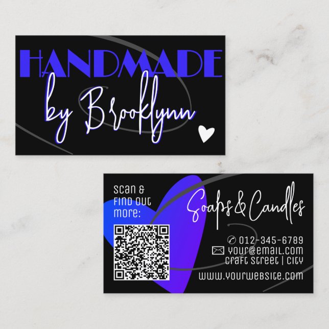Carte De Visite QR Code Modèle Stylish Blue fait main amour Coeur (Devant / Derrière)