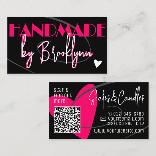Carte De Visite QR Code Modèle stylish rose fait main amour coeur (Devant / Derrière)