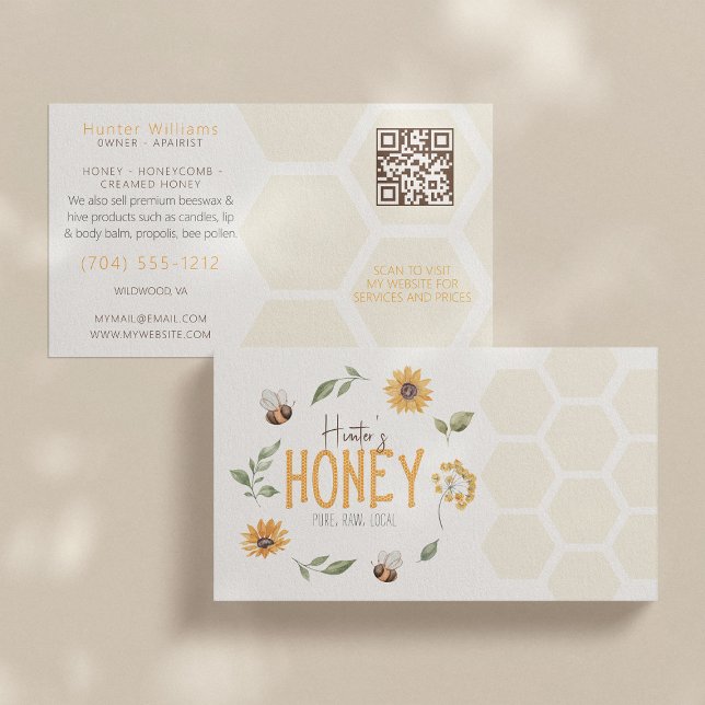 Carte De Visite QR Code Moderne Apiariste apiculteur Wreath Honeyb (Créateur téléchargé)