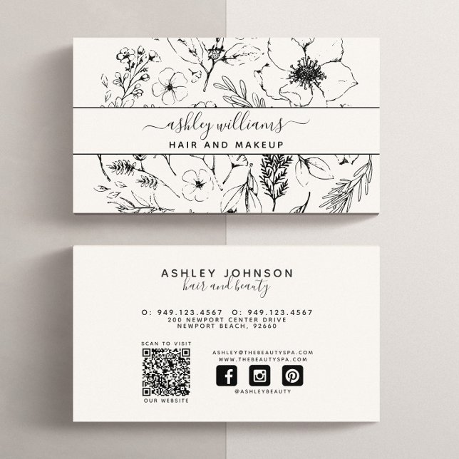 Carte De Visite QR Code Moderne Botanique Blush Black Médias socia (QR Code Social Media Business Card)