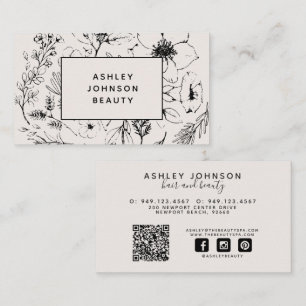 Carte De Visite QR Code Moderne Botanique Blush et Noir