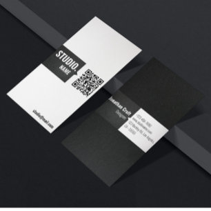 Carte De Visite QR Code moderne ivoire matte noir minimal vertical