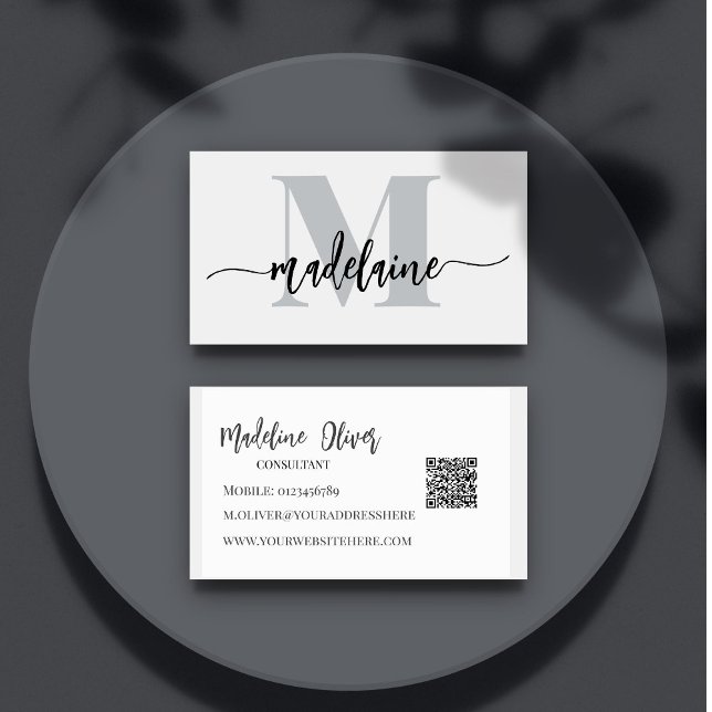 Carte De Visite QR Code Monogramme noir blanc élégant (Créateur téléchargé)