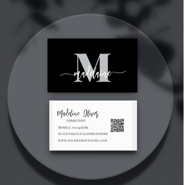 Carte De Visite QR Code Monogramme Noir Élégant (Créateur téléchargé)