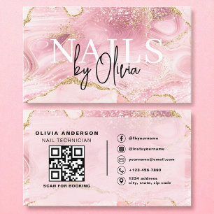 Carte De Visite QR Code Nail Spécialiste Artiste Rose Agate Marbre