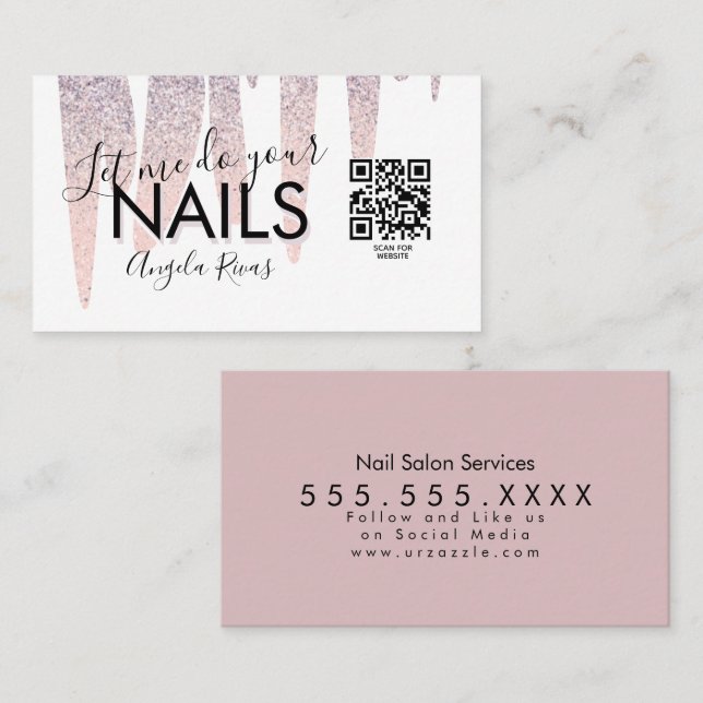 Carte De Visite QR CODE Nails Salon Blush Parties scintillant rose (Devant / Derrière)
