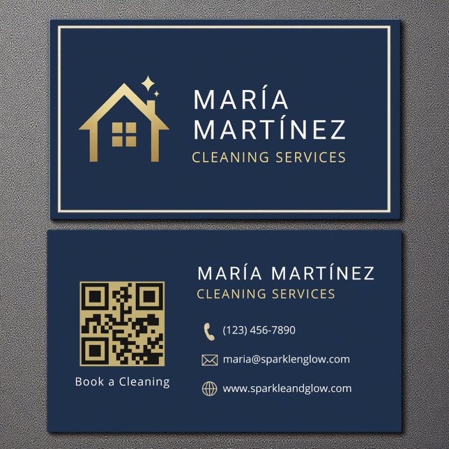 Carte De Visite QR Code Navy Blue Gold Cleaning Services (Créateur téléchargé)