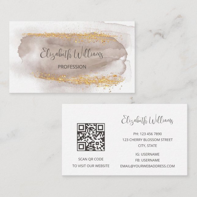 Carte De Visite QR Code Neutrals Gold Aquarelle Arrière - plan (Devant / Derrière)