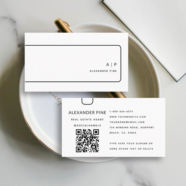 Carte De Visite QR Code noir blanc Monogramme professionnel élégan (simple elegant professional corporate generic business card black white qr code website geometric)