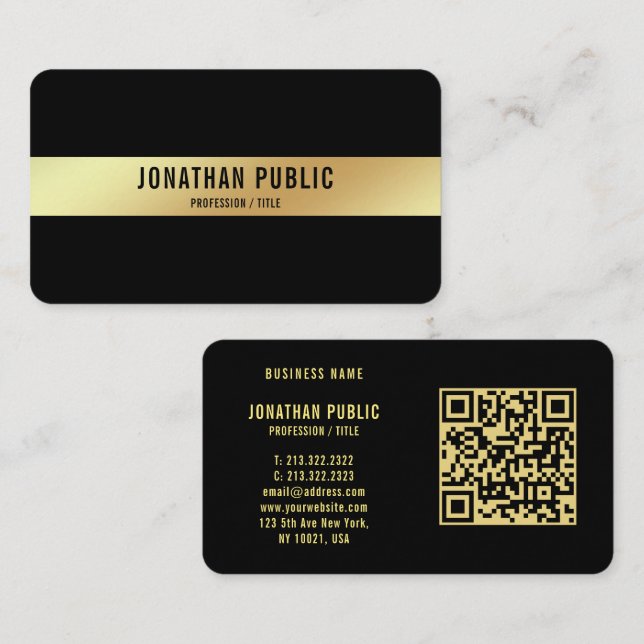 Carte De Visite QR Code Noir Et Or Élégant Modèle Luxe (Devant / Derrière)