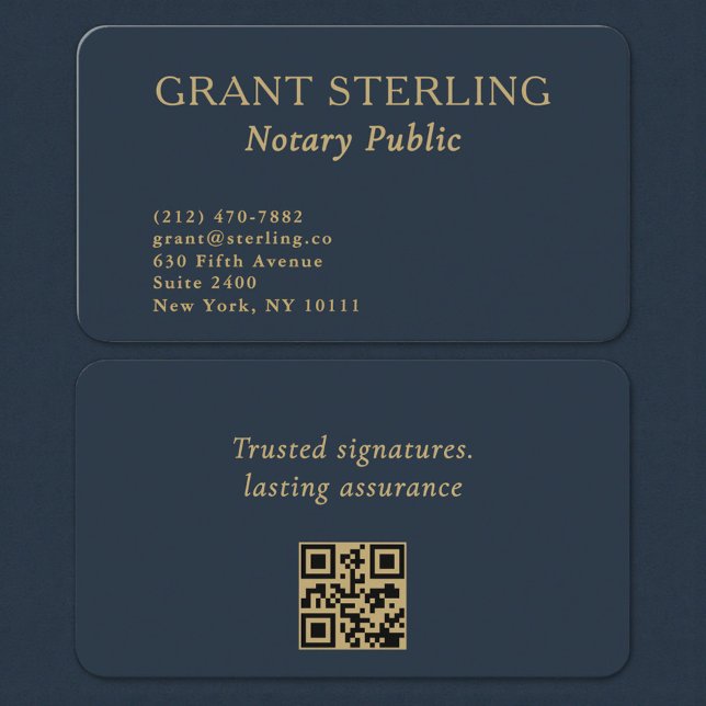 Carte De Visite QR Code Notary Public Navy Blue Gold (Créateur téléchargé)