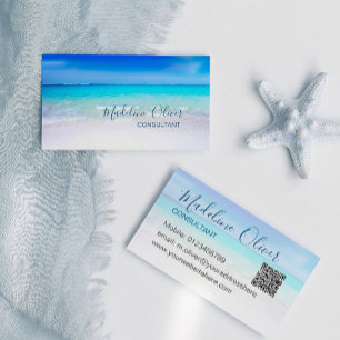 Carte De Visite QR Code Ocean Beach Sea Travel Aqua Blue élégant