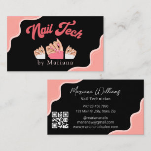Carte De Visite qr code ongles artiste tech noir rose élégant