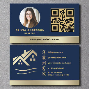 Carte de visite QR Code Or Maison Bleu Nuit Immobi
