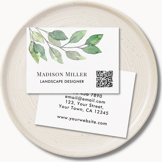 Carte De Visite QR Code Paysage Designer Aquarelle Verdure (Créateur téléchargé)