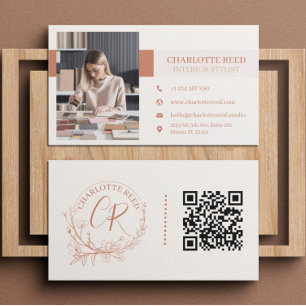 Carte De Visite QR Code Photo Terracotta Floral Monogramme