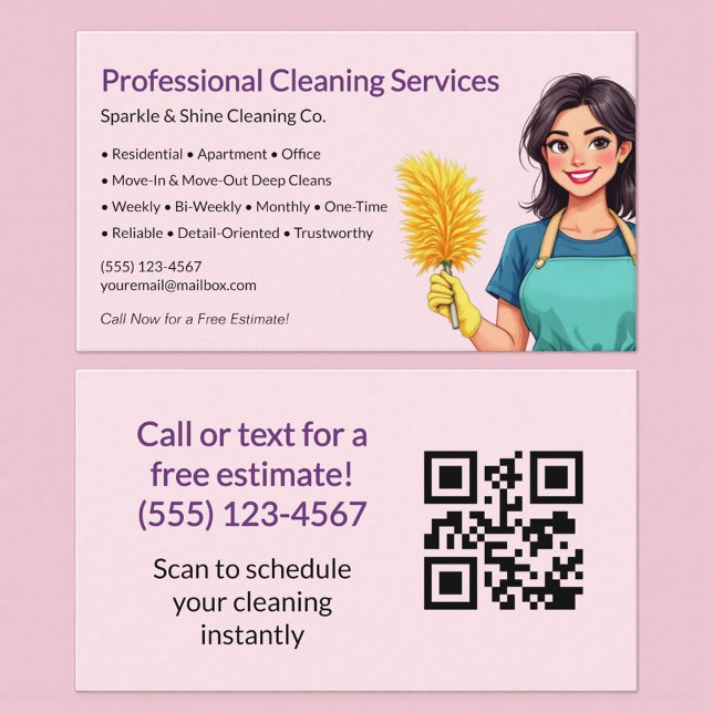 Carte De Visite QR Code Pink Maid House Cleaning Service (Créateur téléchargé)