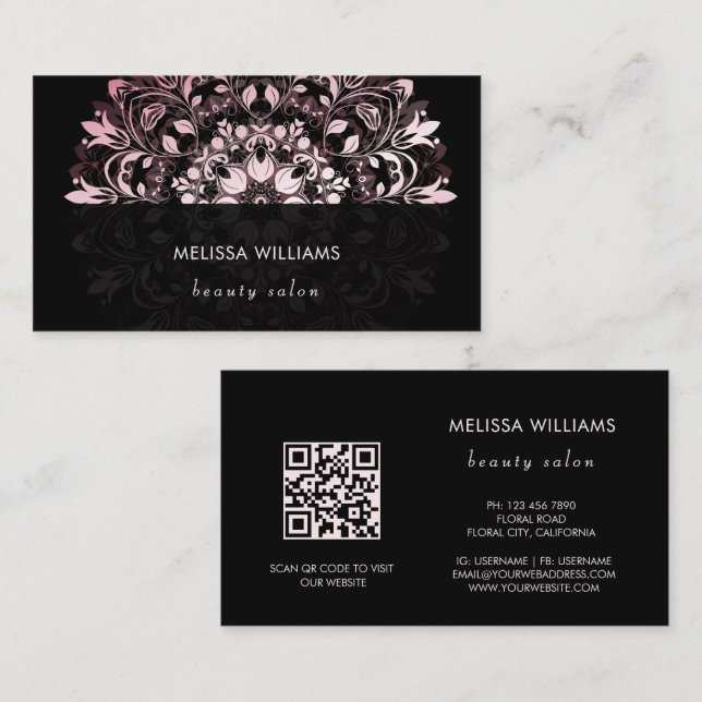 Carte De Visite QR Code | Pink Shiny Black Floral Mandala (Devant / Derrière)