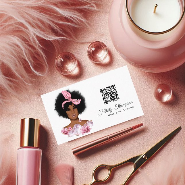 Carte de visite QR Code pour coiffeur afro-américa (African American Hairdresser QR Code Business Card)