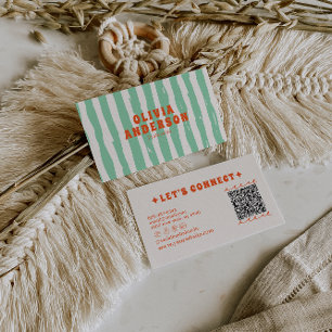 Carte De Visite QR Code Retro Green Boho Super unique tendance amu