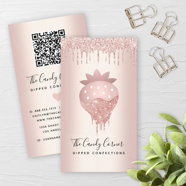Carte De Visite QR Code Rose de fraise Gold Confection Sweet (Créateur téléchargé)
