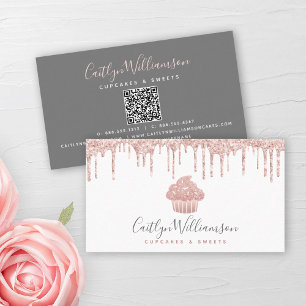 Carte De Visite QR Code Rose Gold Cupcake Parties scintillant Driv