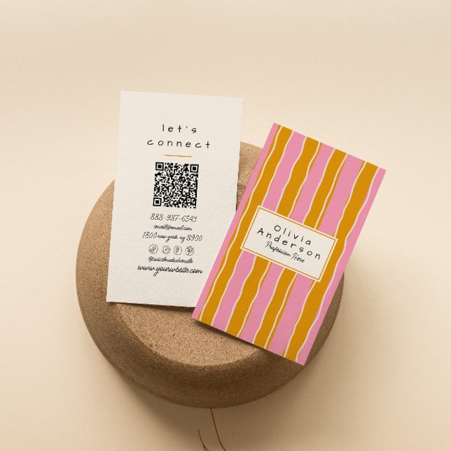 Carte De Visite QR Code rose Jaune les années 70 rayures tendance  (Créateur téléchargé)