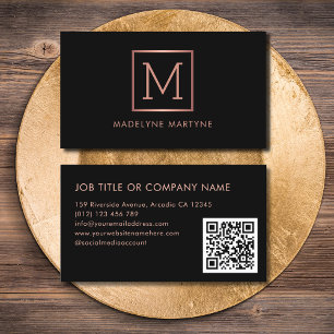 Carte De Visite QR Code Rose noir or Monogramme élégant