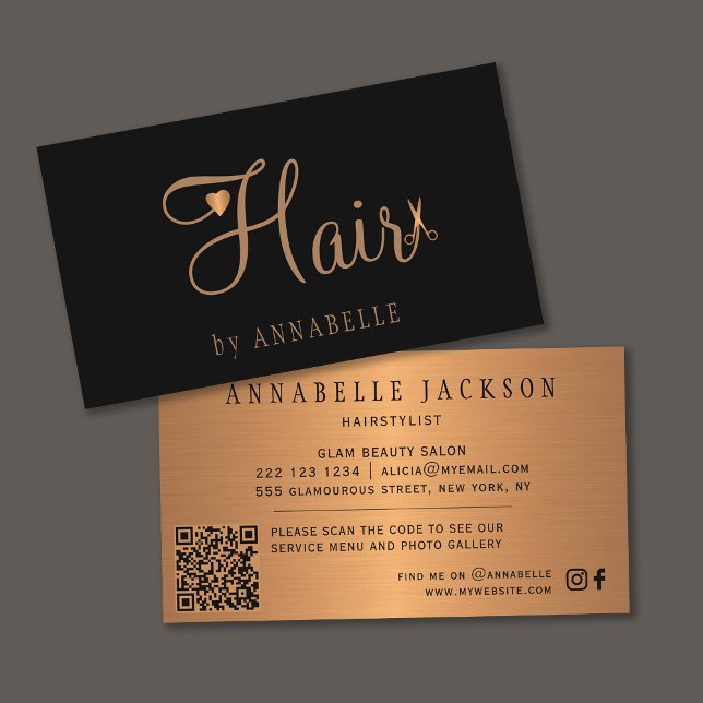 Carte De Visite QR CODE salon de coiffure noir or métallique coiff (Créateur téléchargé)