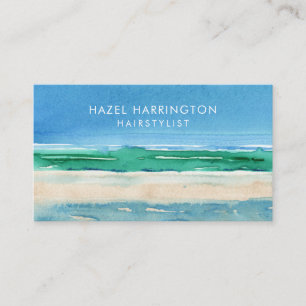 Carte De Visite QR Code Scannable Plage Aquarelle Océan bleu