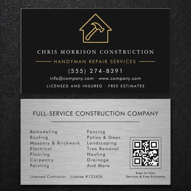 Carte De Visite QR Code Silver Metallic Handyman Construction  (Créateur téléchargé)