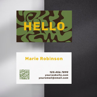 Carte De Visite QR Code Super Gold Brown Armée Green Squiggles