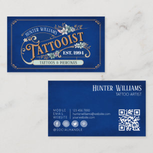 Carte De Visite QR Code tatouage Vintage Artiste Blue Professional
