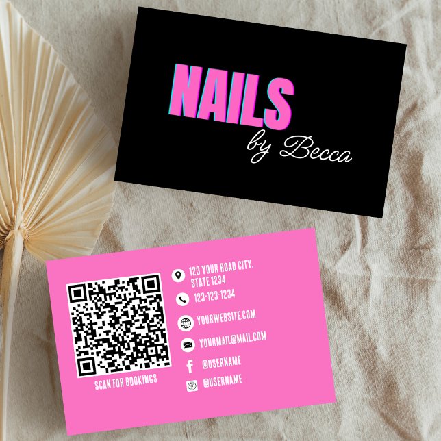 Carte De Visite QR Code Tendance Hot Pink Minimal Nail Tech (Créateur téléchargé)