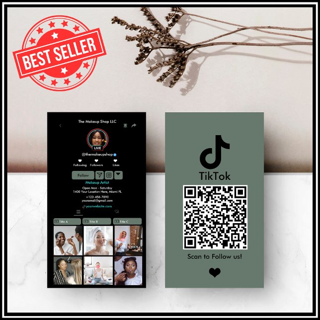 Carte de visite QR Code TikTok vert sauge pour les (Créateur téléchargé)