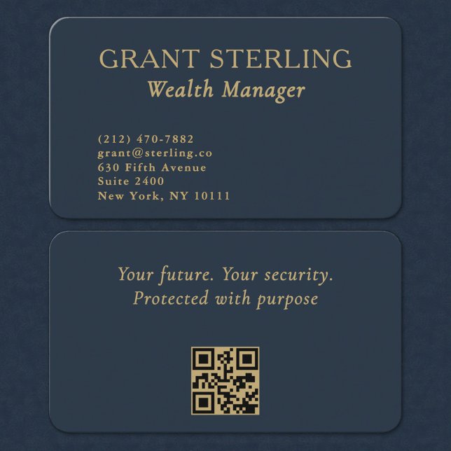 Carte De Visite QR Code Wealth Manager Navy Blue Gold  (Créateur téléchargé)