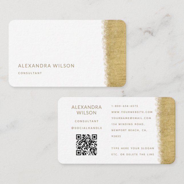 Carte De Visite QR Code White Gold Brush Élégant professionnel (Devant / Derrière)