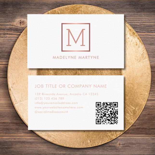 Carte De Visite QR Code White Rose Or Monogramme Élégant (Créateur téléchargé)
