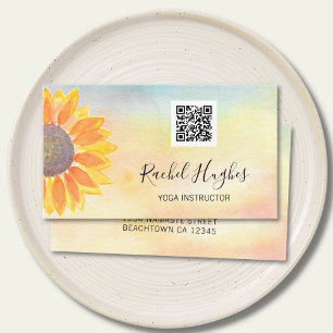 Carte De Visite QR Code Yoga Instructeur Tournesol Aquarelle