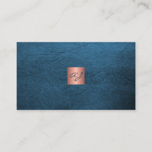 Carte De Visite QR élégant luxe bleu cuir rose or monogramme