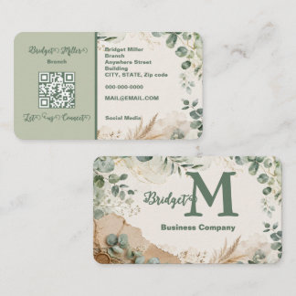 Carte de visite QR élégante au vert sauge et eucal