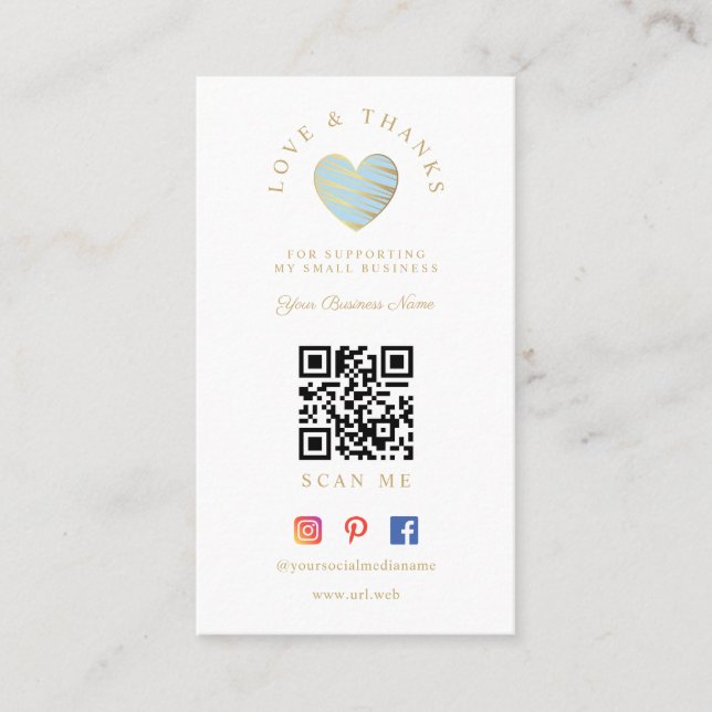 Carte De Visite QR Light Blue Heart Love & Thanks Supporting (Devant)