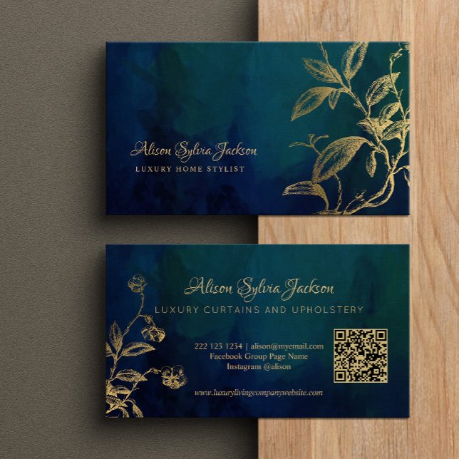 Carte De Visite QR Luxe marine bleu élégant faux feuille d'or (Créateur téléchargé)